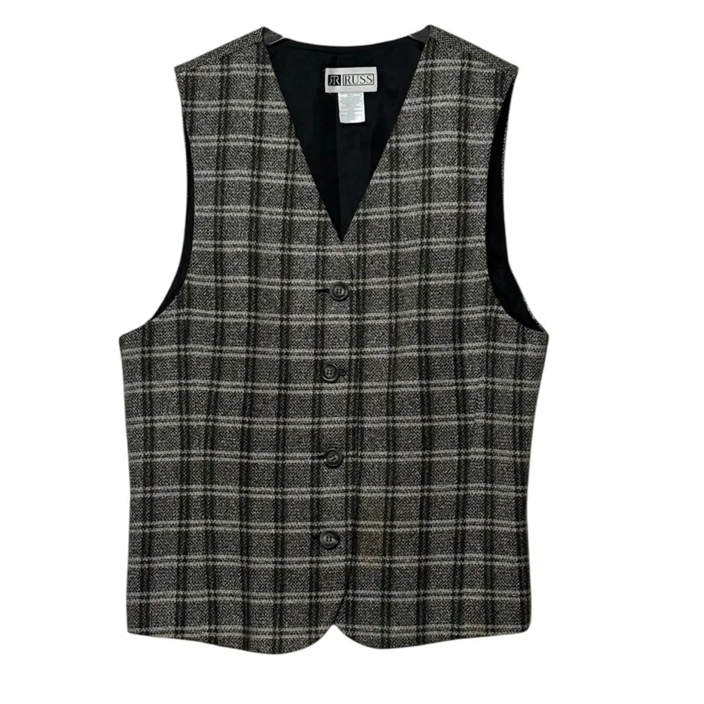 RUSS - SIZE LARGE - VINTAGE CHECKED BUTTON‎ FRONT LINED VEST -  EXC COND